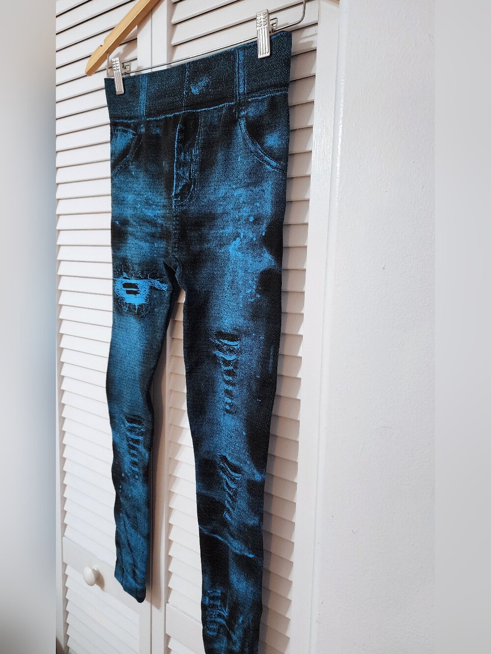 Blue Distressed Jeggings - Stretch Denim-Look Leggings, High Waisted - Picture 4 of 9